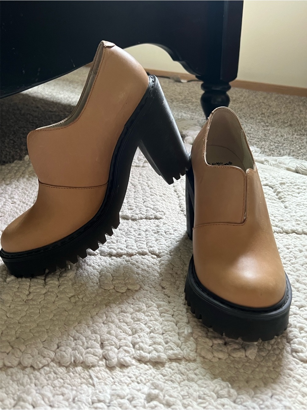 Dr. Martens Tan Cordelia Platform Slip-On Heels with Chunky Black Sole